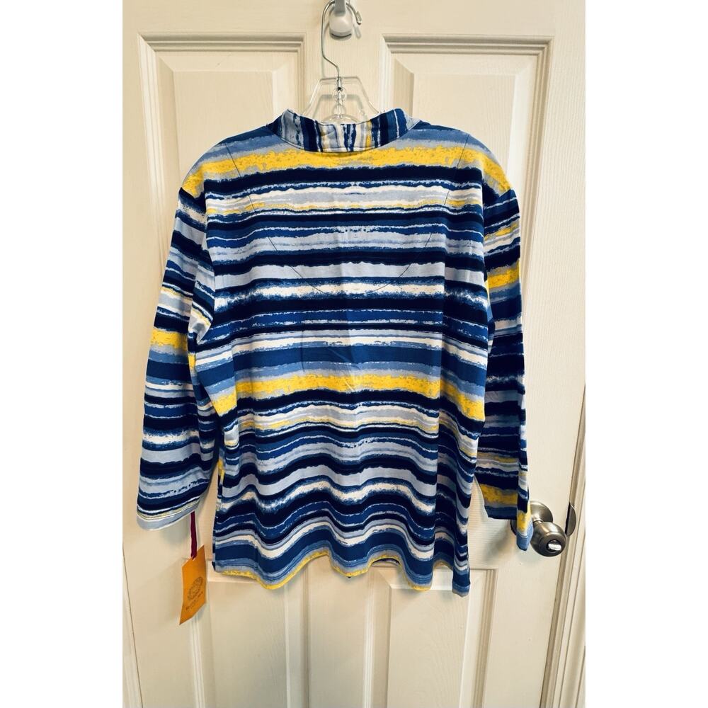 Ruby Rd XL Top Blue Yellow Stripe 3/4 Sleeve V-neck Silver Studs Runs Small - Picture 2 of 11